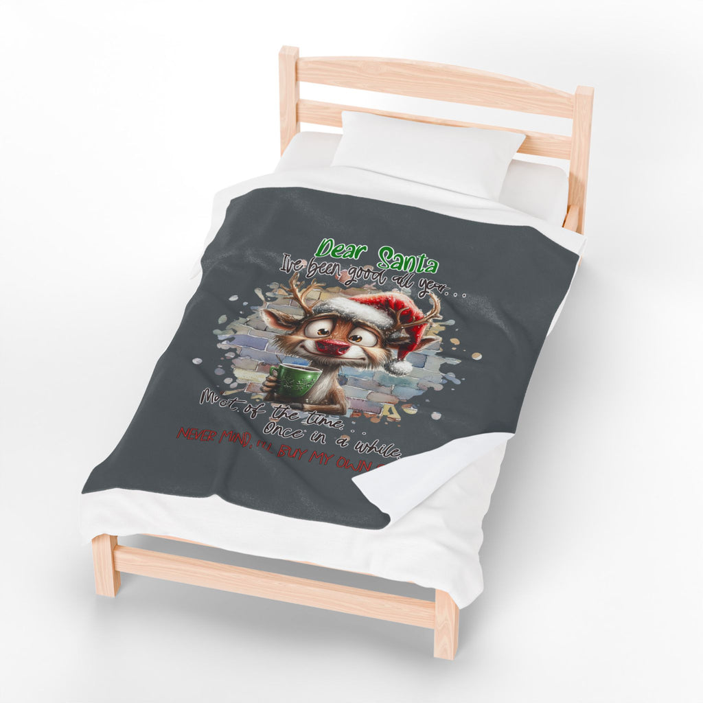 Christmas Reindeer Velveteen Plush Blanket – “Dear Santa I’ve Been Good All Year” Holiday Throw