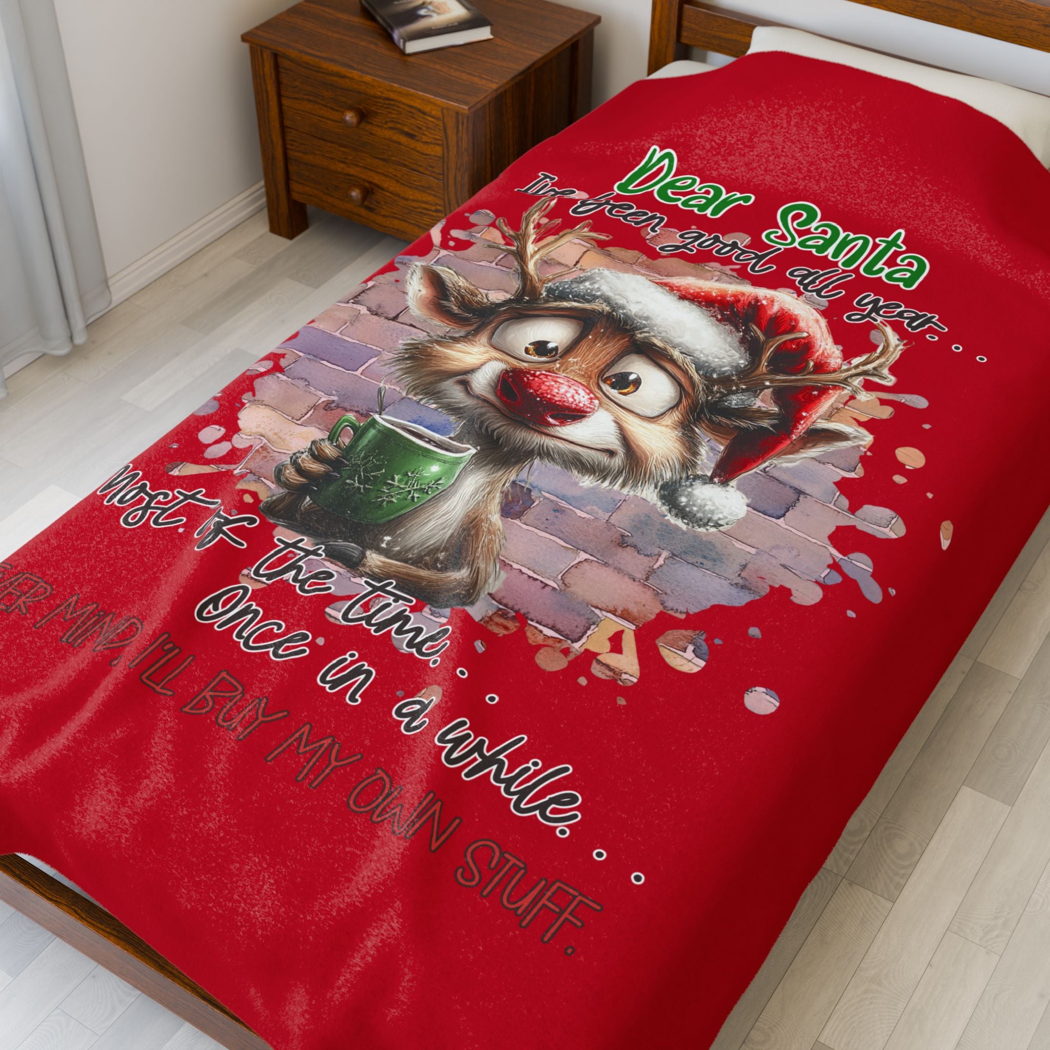 Christmas Reindeer Velveteen Plush Blanket – “Dear Santa I’ve Been Good All Year” Holiday Throw