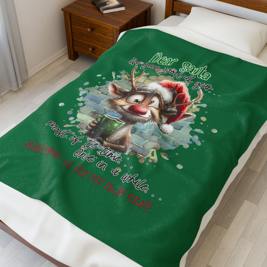 Christmas Reindeer Velveteen Plush Blanket – “Dear Santa I’ve Been Good All Year” Holiday Throw