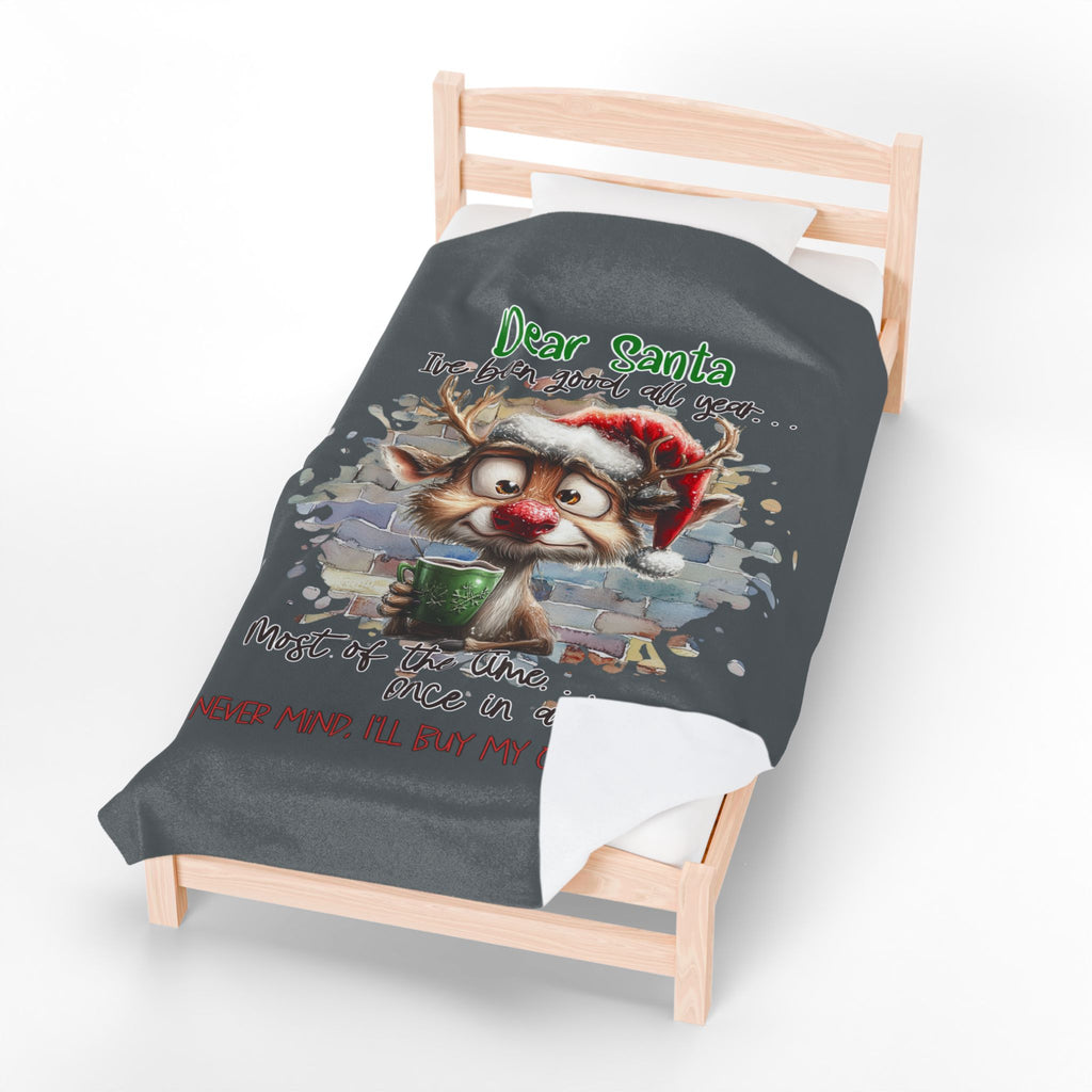 Christmas Reindeer Velveteen Plush Blanket – “Dear Santa I’ve Been Good All Year” Holiday Throw