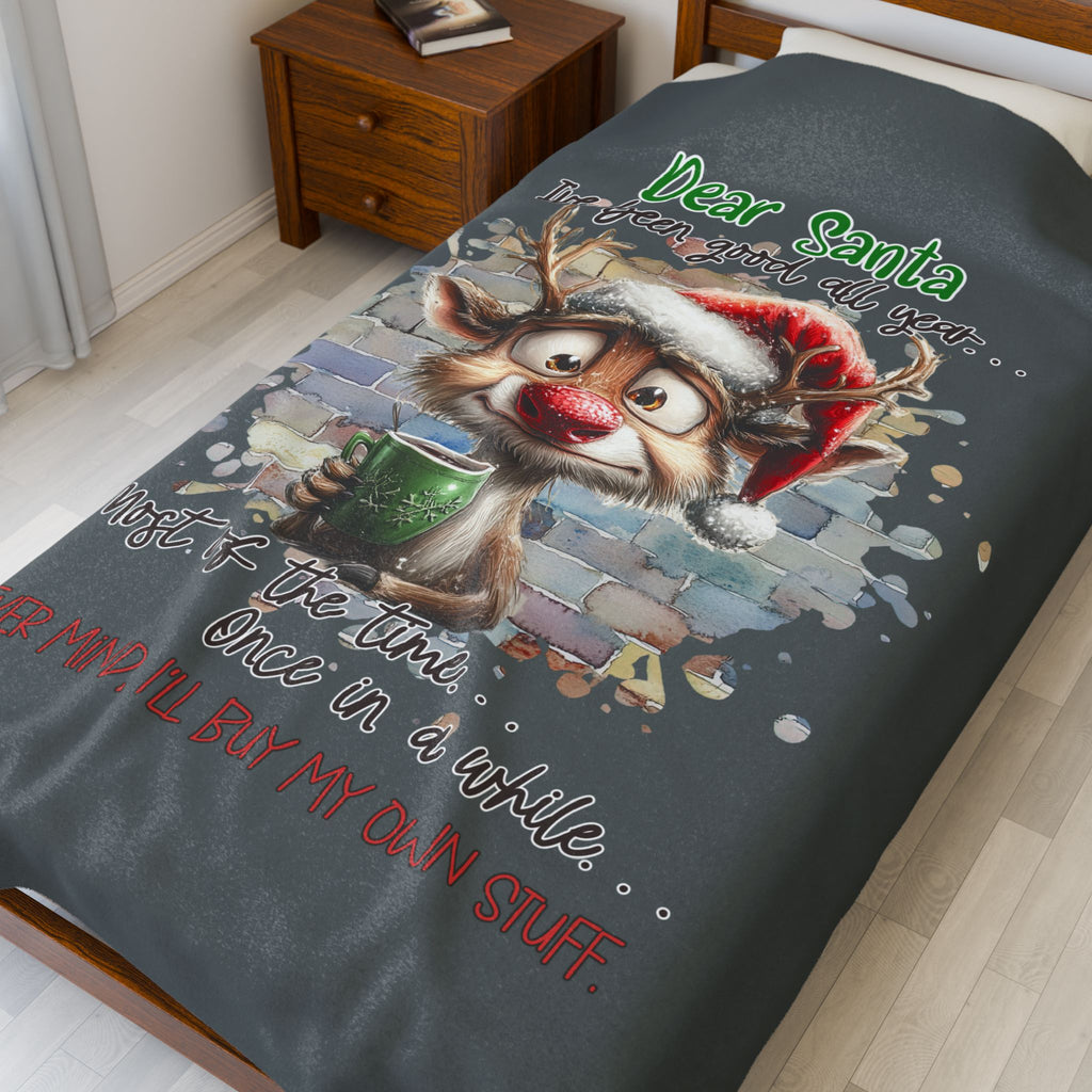 Christmas Reindeer Velveteen Plush Blanket – “Dear Santa I’ve Been Good All Year” Holiday Throw