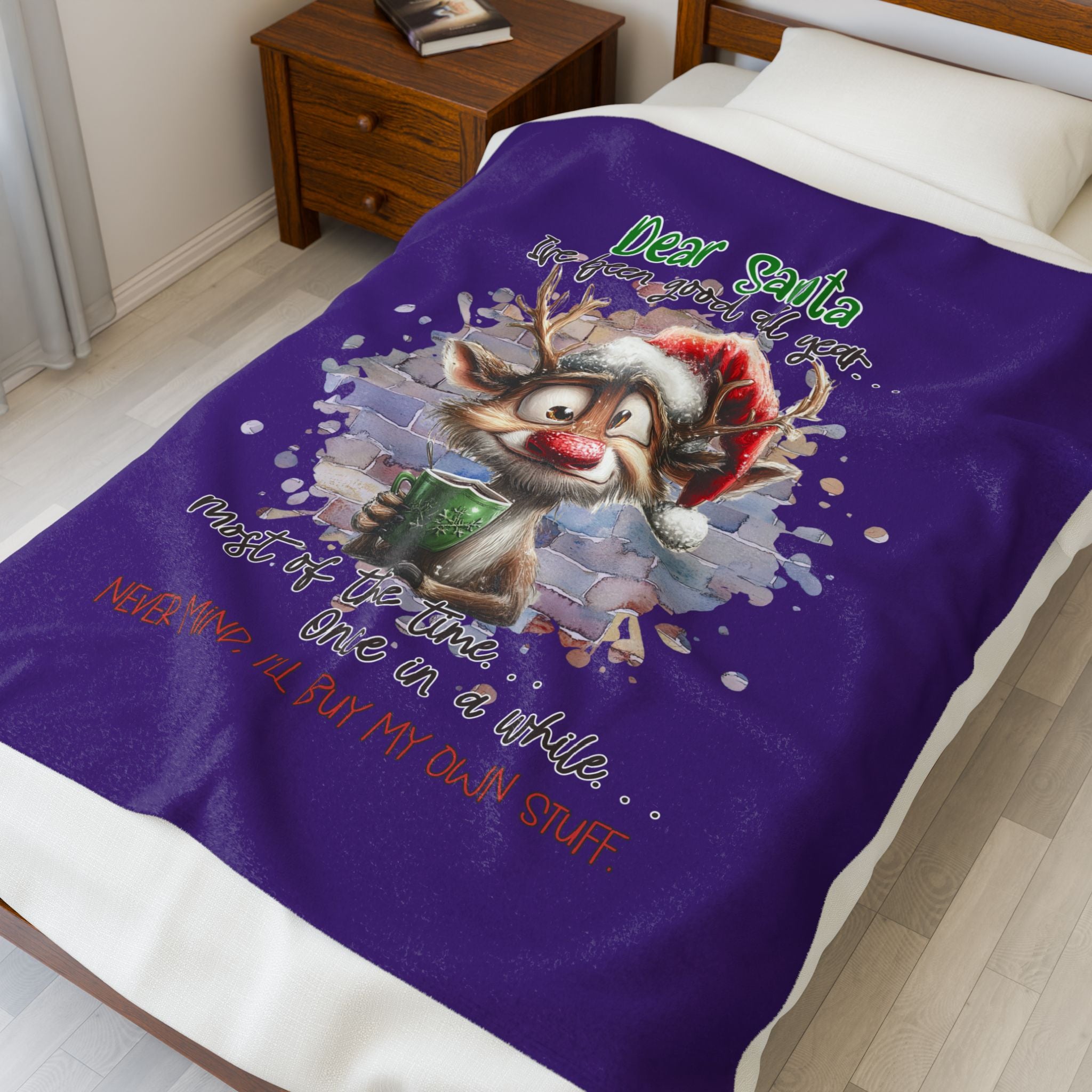 Christmas Reindeer Velveteen Plush Blanket – “Dear Santa I’ve Been Good All Year” Holiday Throw