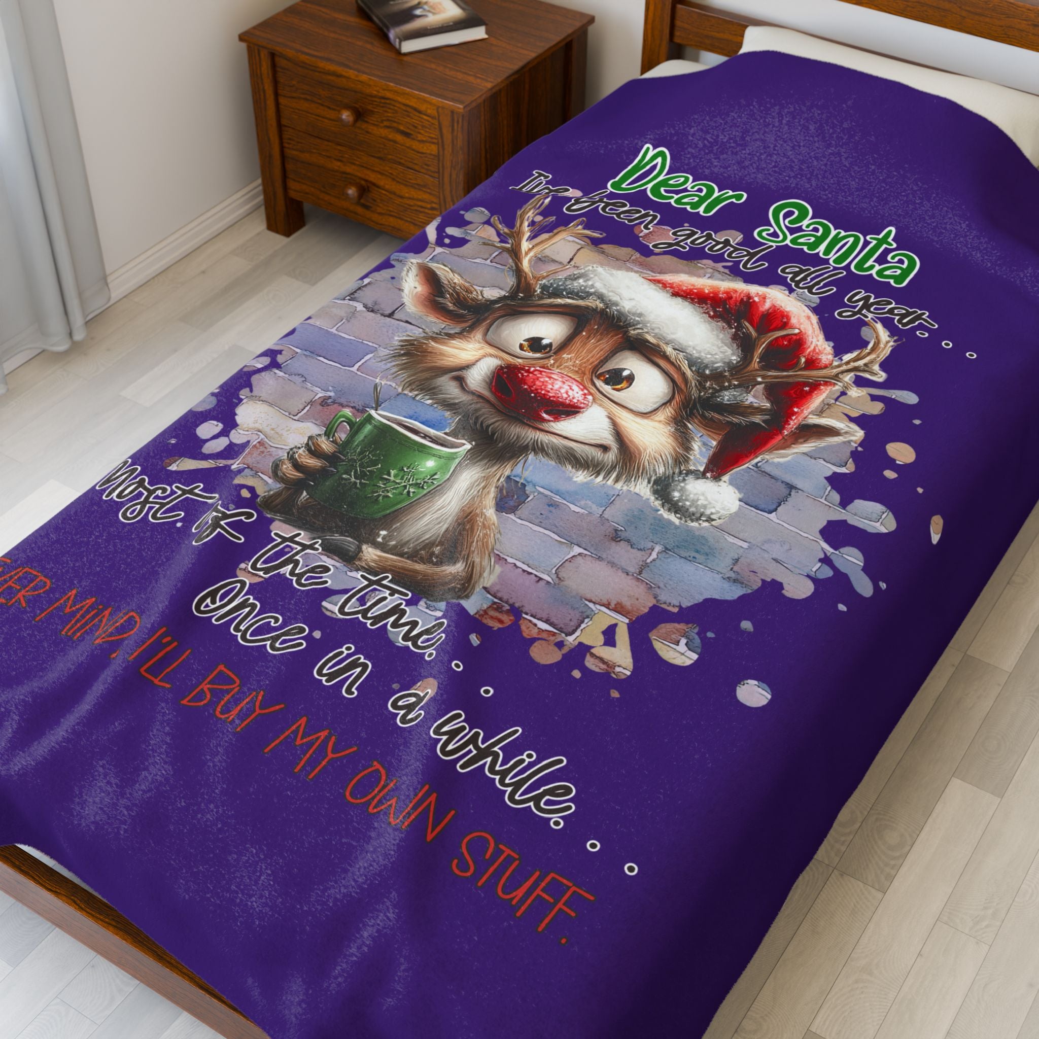 Christmas Reindeer Velveteen Plush Blanket – “Dear Santa I’ve Been Good All Year” Holiday Throw