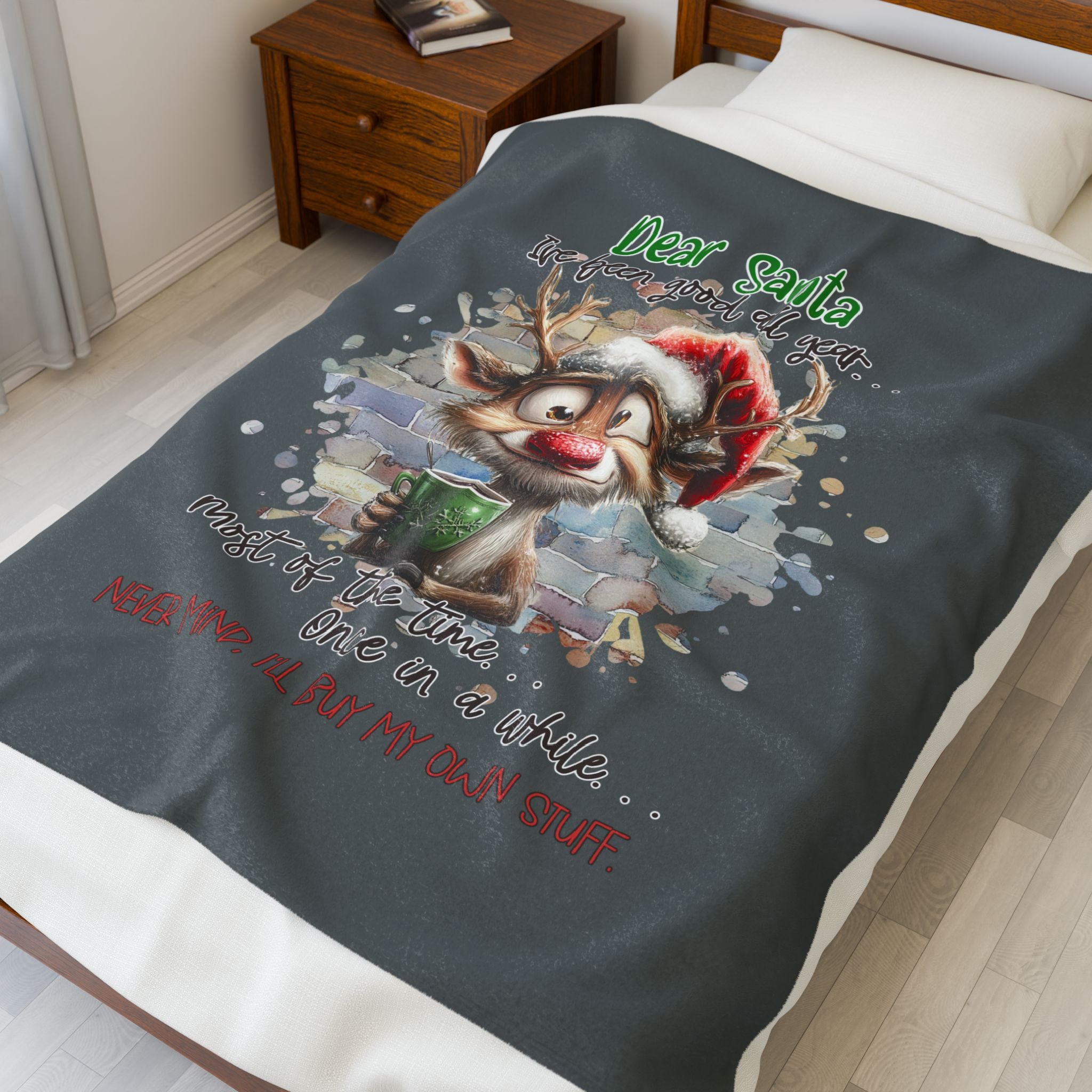 Christmas Reindeer Velveteen Plush Blanket – “Dear Santa I’ve Been Good All Year” Holiday Throw