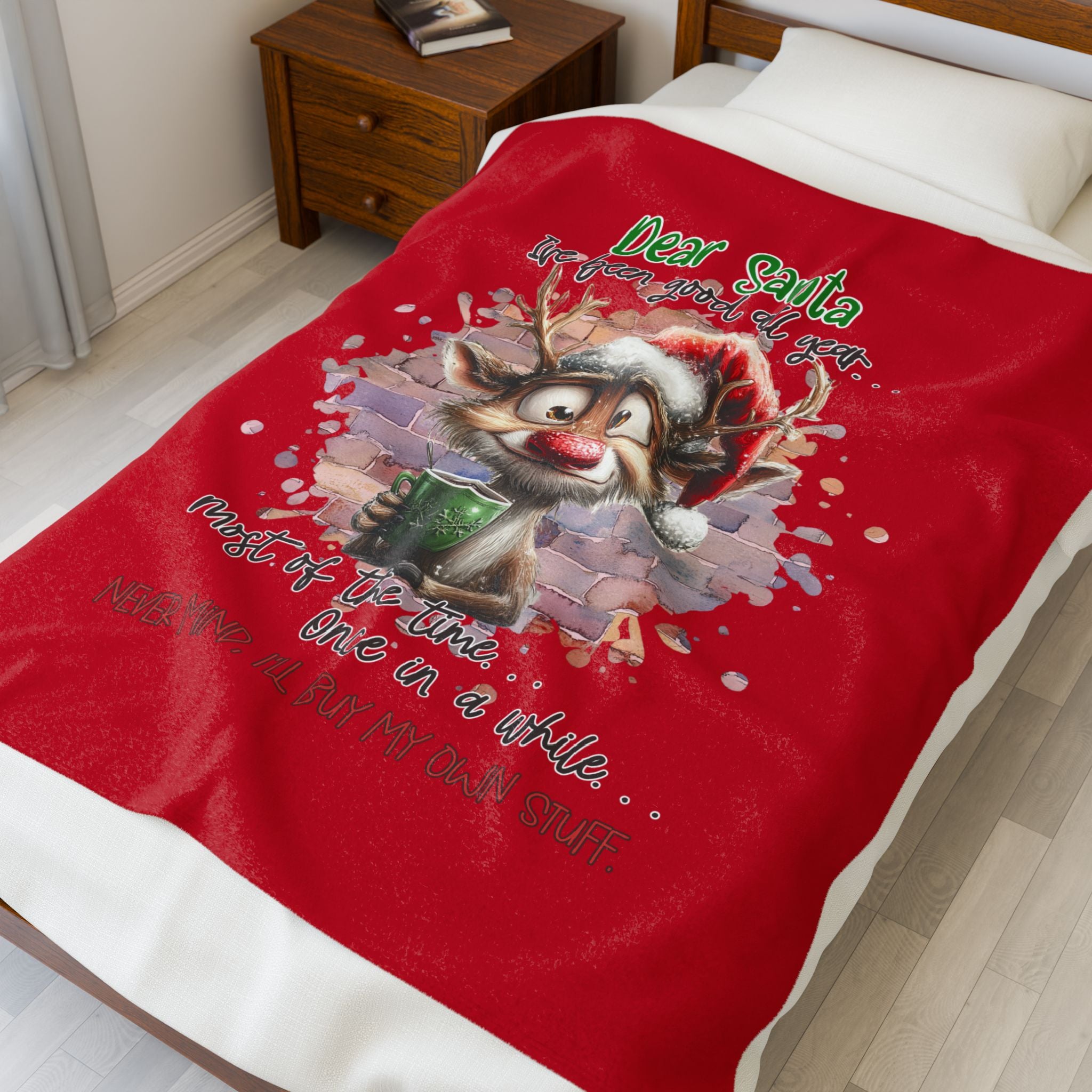 Christmas Reindeer Velveteen Plush Blanket – “Dear Santa I’ve Been Good All Year” Holiday Throw