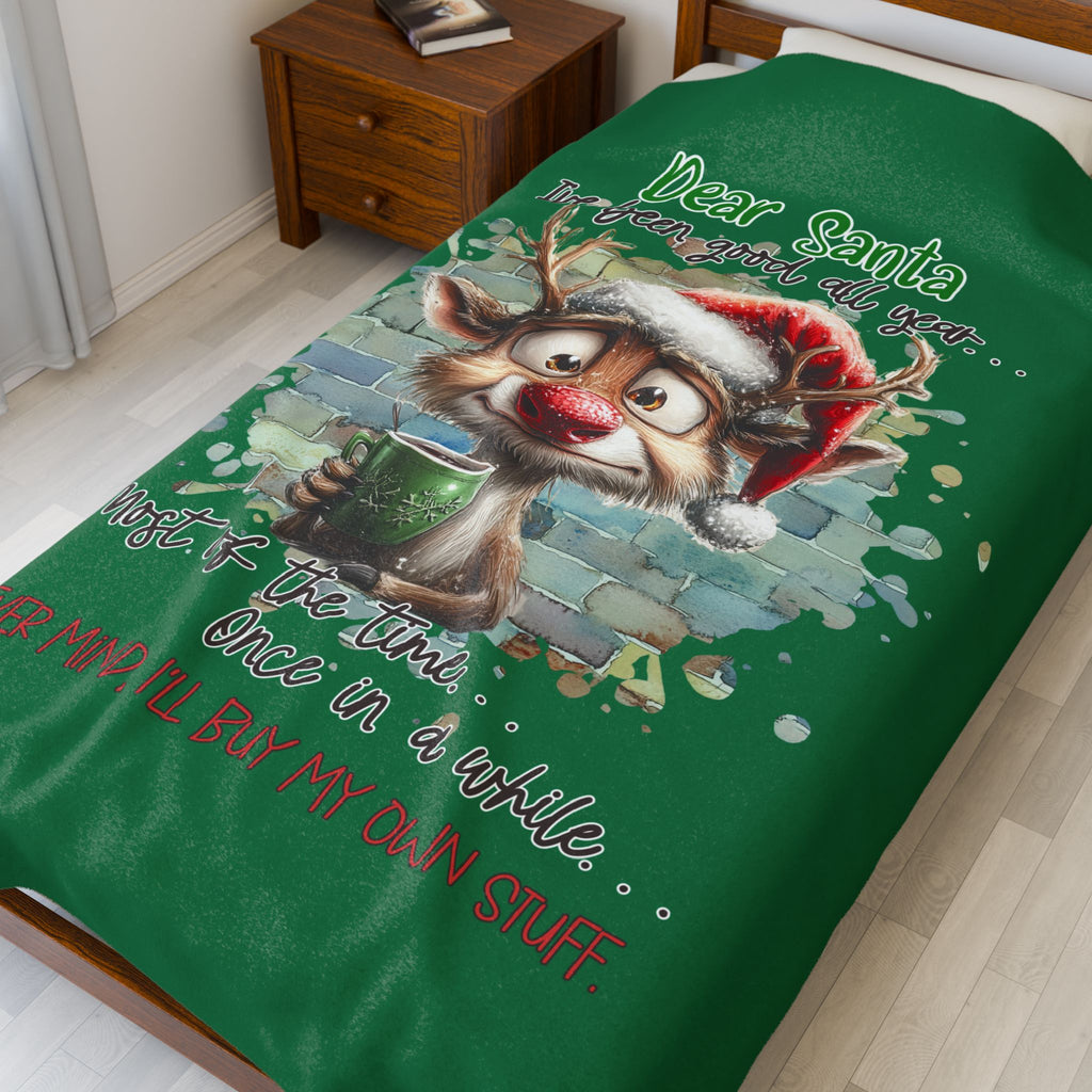Christmas Reindeer Velveteen Plush Blanket – “Dear Santa I’ve Been Good All Year” Holiday Throw