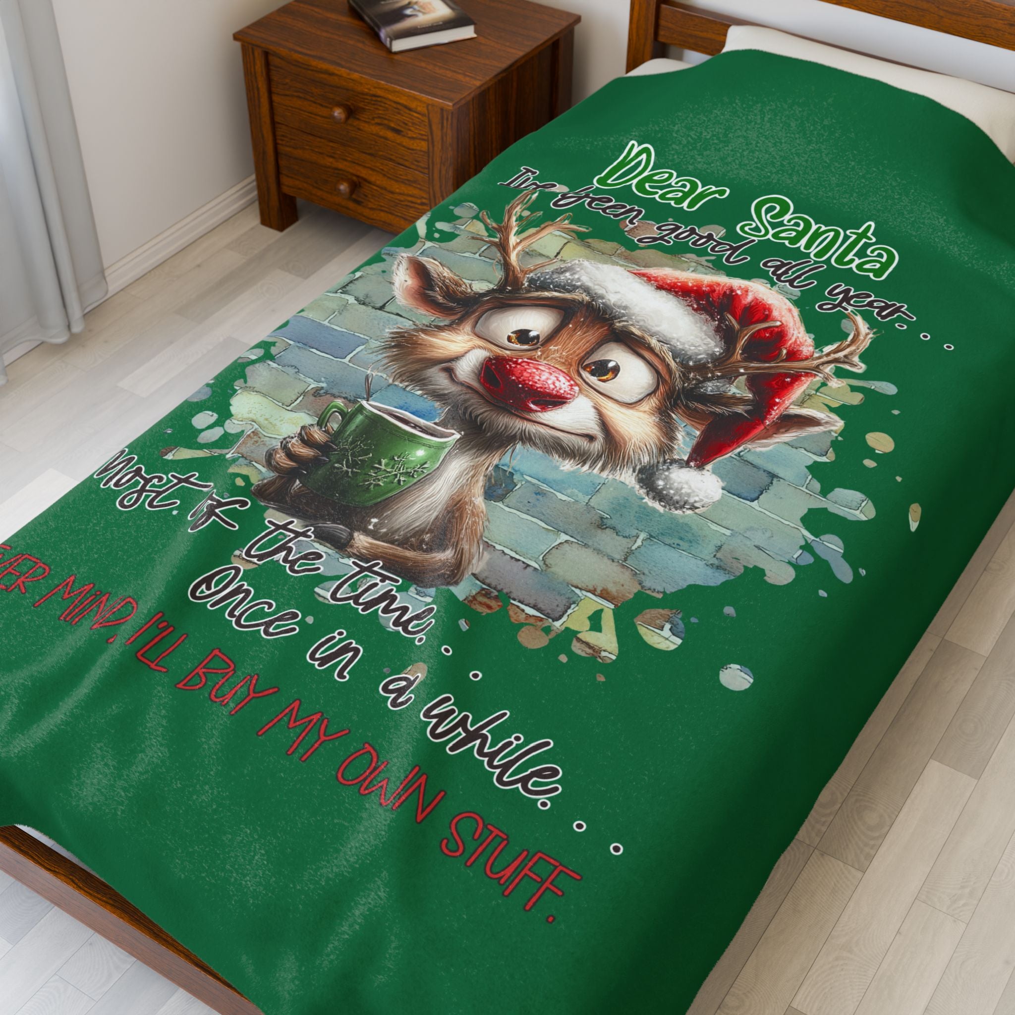 Christmas Reindeer Velveteen Plush Blanket – “Dear Santa I’ve Been Good All Year” Holiday Throw