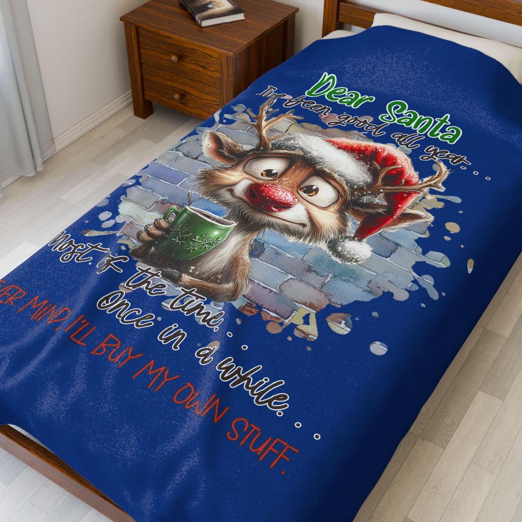 Christmas Reindeer Velveteen Plush Blanket – “Dear Santa I’ve Been Good All Year” Holiday Throw