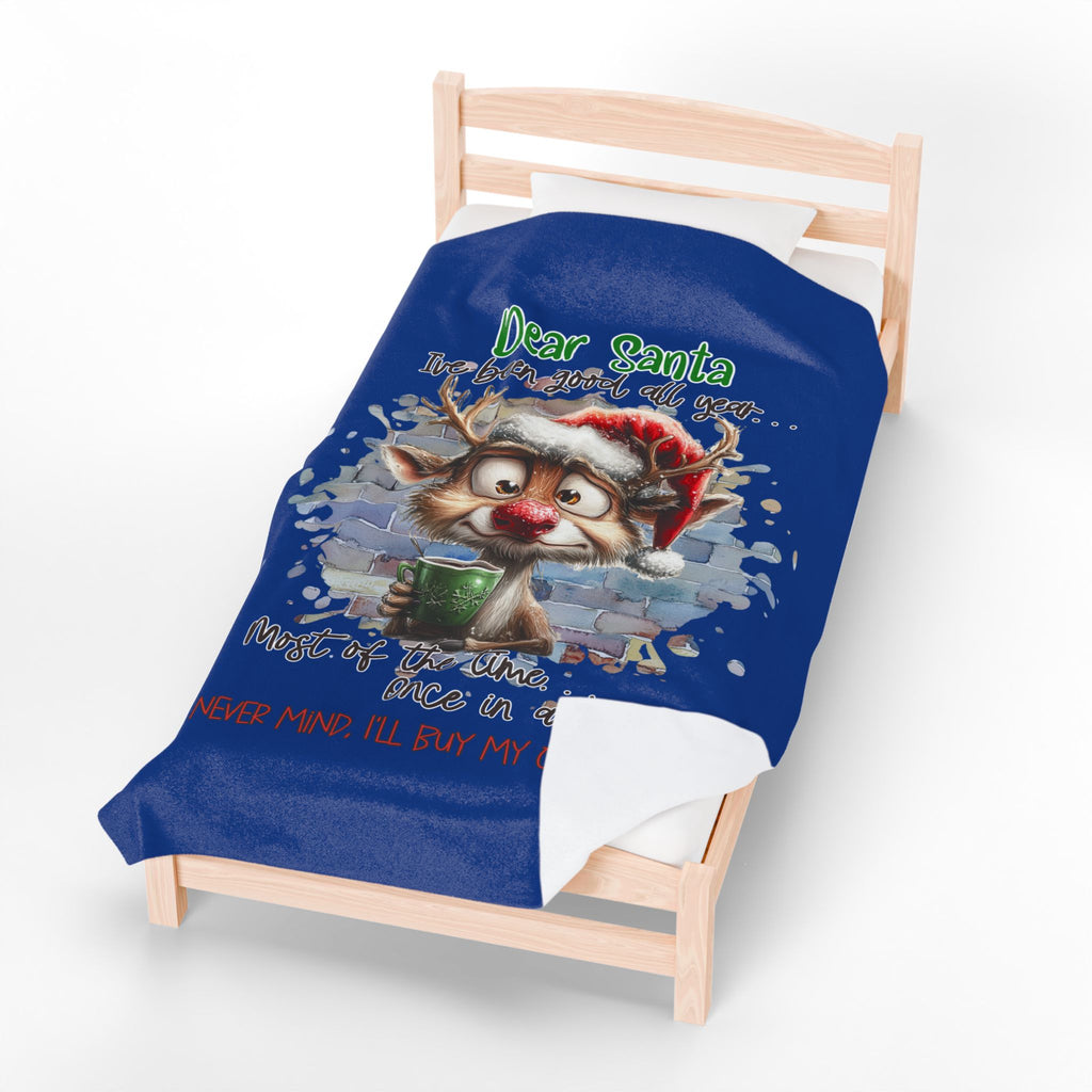 Christmas Reindeer Velveteen Plush Blanket – “Dear Santa I’ve Been Good All Year” Holiday Throw
